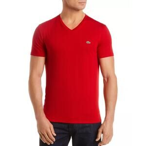 LACOSTE Red Pima Cotton V-Neckline Short Sleeve Embroidered Logo T-Shirt Size M